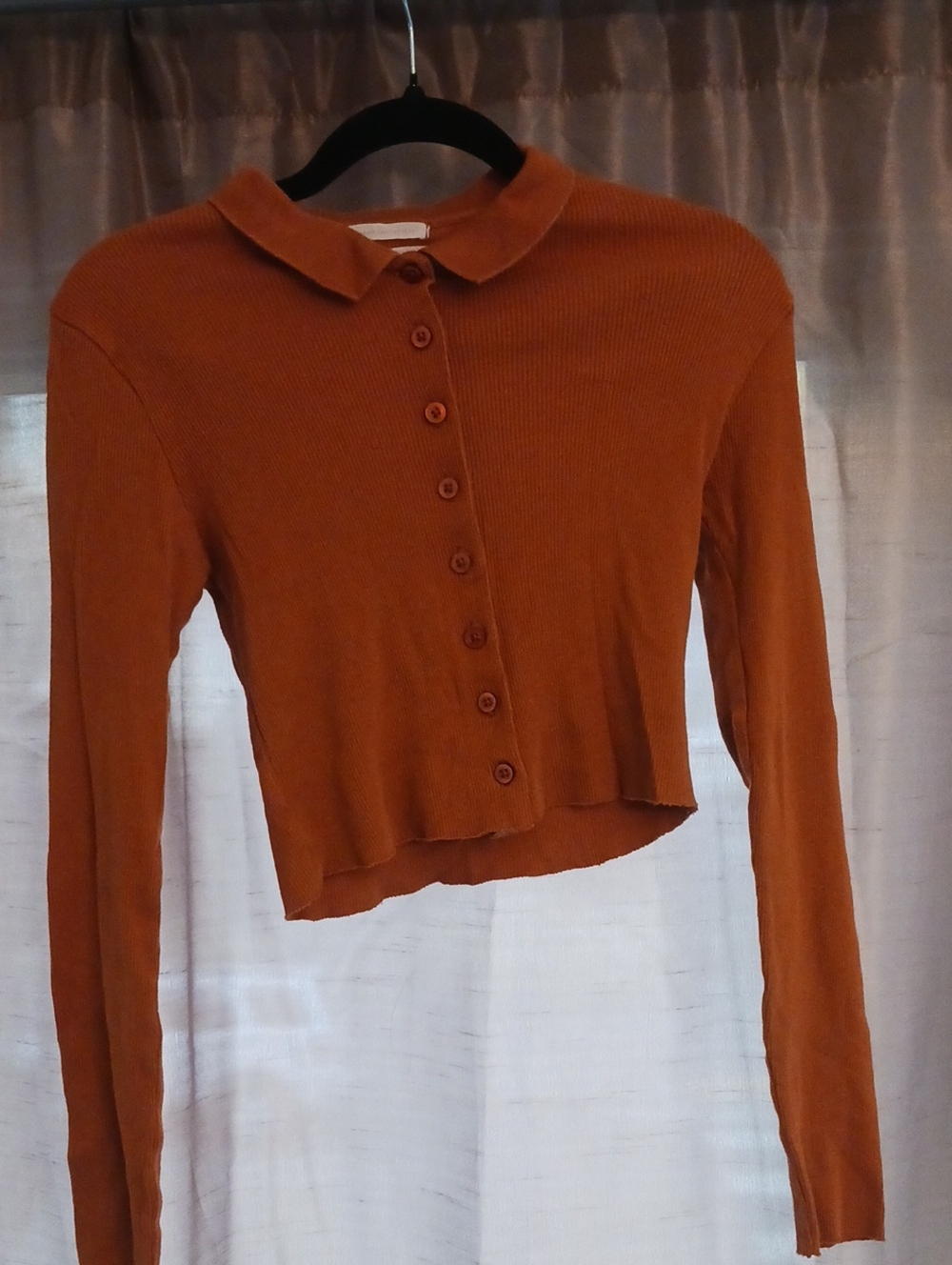 Urban Outfitters Ribbed Long-Sleeve Button Front Top in Rust Orange